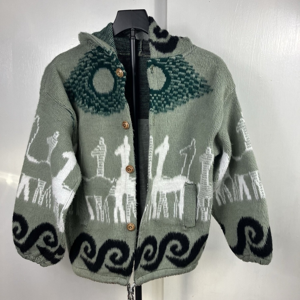 Best Guess - TEJIDOS ATAHUALPA Vtg Wool Sweater Hood Buttons Alpaca Print